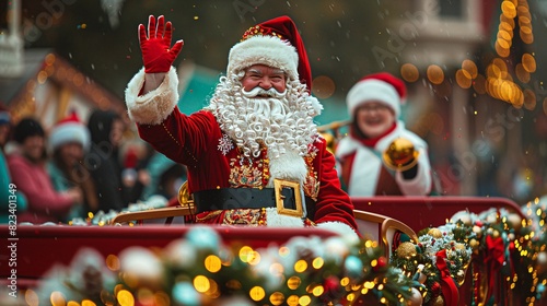 A Christmas parade featuring floats adorned with festive decorations, marching bands playing holiday music, and costumed characters waving to the crowd photo