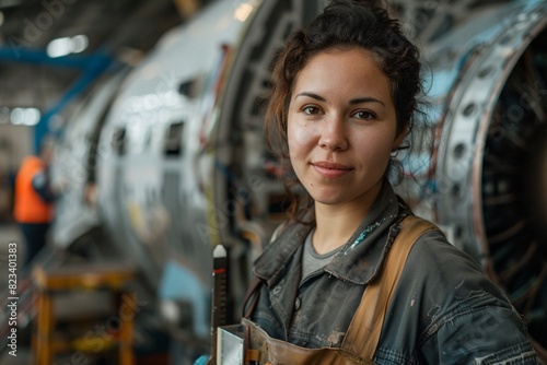 A portrait of an aircraft engineer standing beside an open aircraft maintenance panel, tools in hand, and a determined look on their face, highlighting their dedication and technical skill