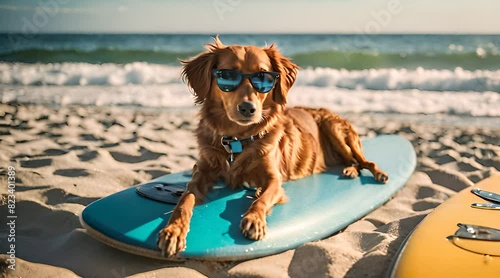 Hund mit Sonnenbrille liegt auf Surfbrett und treibt auf dem Meer photo