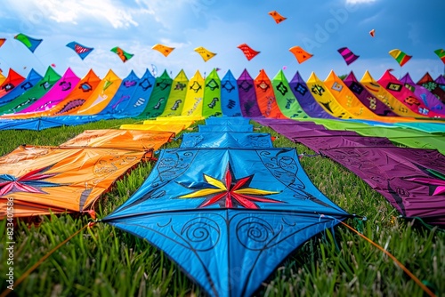 A colorful assortment of kites laid out on the grass, ready to be flown, with festival-goers preparing their kites and the anticipation palpable in the air photo