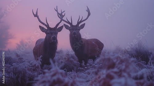 Roaming mistcovered moors of Dartmoor a pair of red deer graze peacefully amidst the heathercovered landscape their antlers silhouetted against the dusky sky © Khuram Shehzad