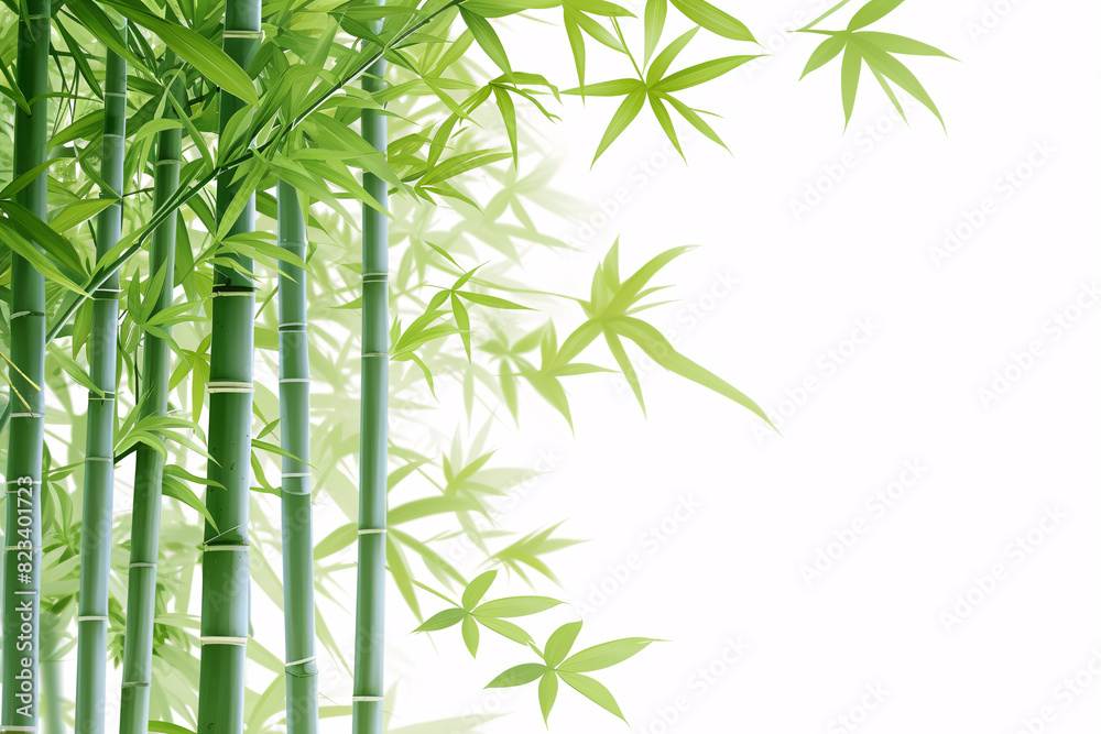 Naklejka premium Green bamboo stalks with delicate leaves against a white background