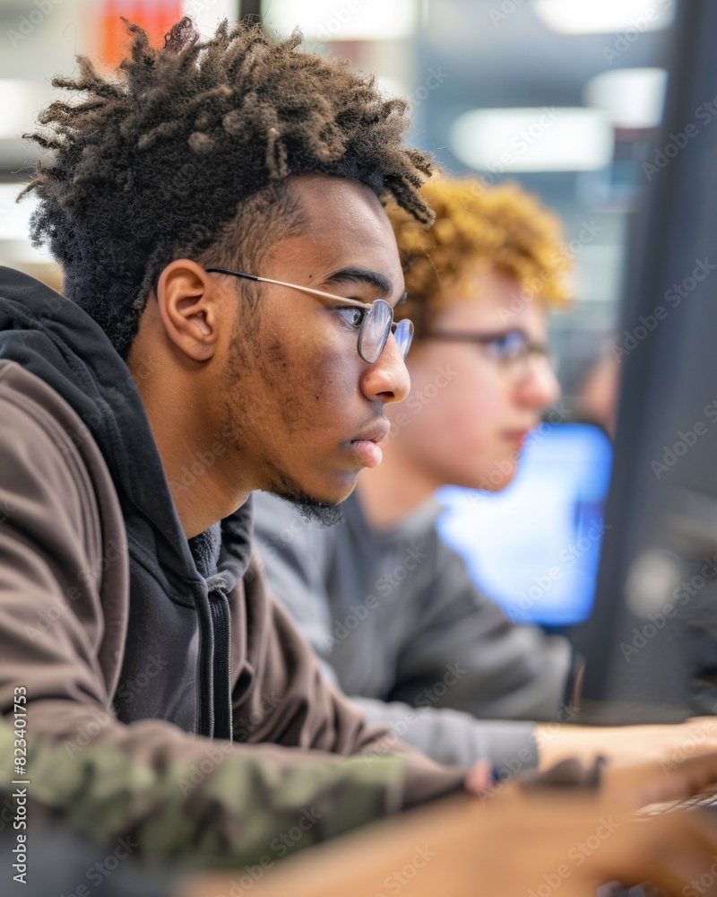 Fototapeta premium Two young men are sitting in front of a computer monitor, one of them wearing glasses. The man with glasses is looking at the screen, while the other man is looking away. Scene is focused and serious