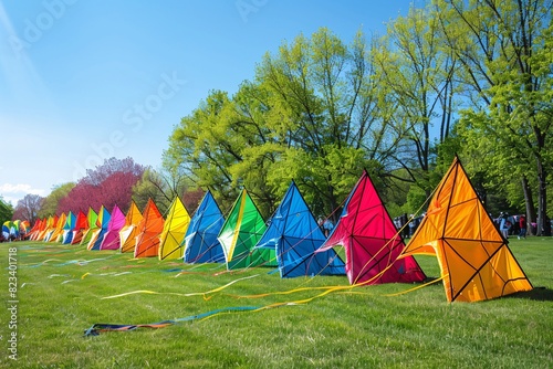 A colorful assortment of kites laid out on the grass, ready to be flown, with festival-goers preparing their kites and the anticipation palpable in the air photo