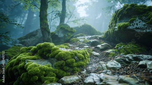 Top of the line CG, surreal photography.Wet moss on stones in a misty forest setting. beautiful, romantic, and beautiful lighting. Blue sky, ultra-high definition, front view, Nikon photography, Sony