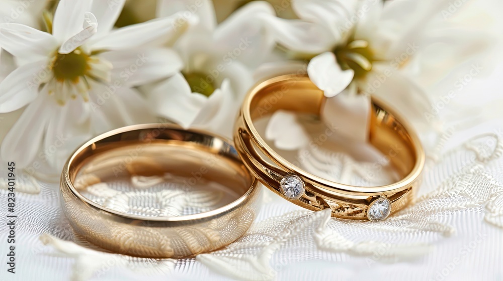 Two golden wedding rings resting on white fabric, surrounded by white flowers, representing the bond and love of a newly married couple. Two golden wedding rings resting on white fabric, surrounded by white flowers, representing the bond and love of a newly married couple.