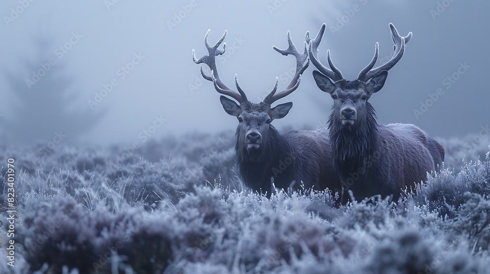 Roaming mistcovered moors of Dartmoor a pair of red deer graze peacefully amidst the heathercovered landscape their antlers silhouetted against the dusky sky Roaming mistcovered moors of Dartmoor a pair of red deer graze peacefully amidst the heathercovered landscape their antlers silhouetted against the dusky sky