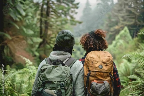 A couple exploring a scenic hiking trail, surrounded by lush greenery and breathtaking views, with backpacks and smiles