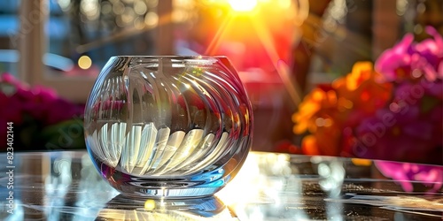 A clear glass object reflects light with plenty of surrounding space. Concept Glass Reflection, Light, Transparent Object, Indoor Photography, Negative Space photo