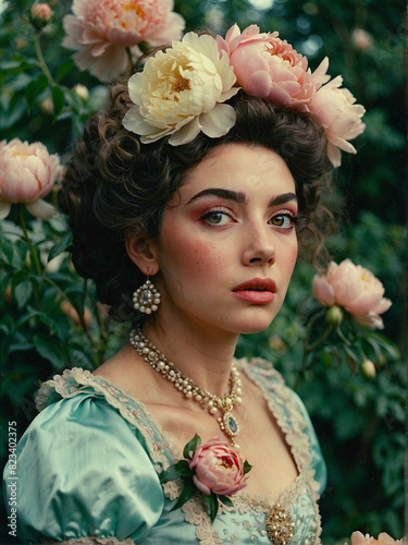 Elegant Woman in Vintage Dress Amidst Blooming Garden