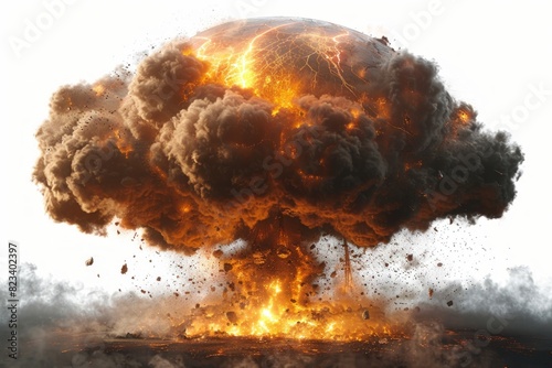 atomic explosion in brilliant hues of fiery orange and intense white, emanating energy and power on a white backdrop.