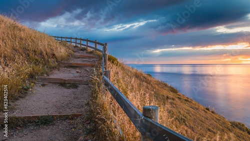 Hallett Cove hill trail along the coast with sea view at sunset, South Australia