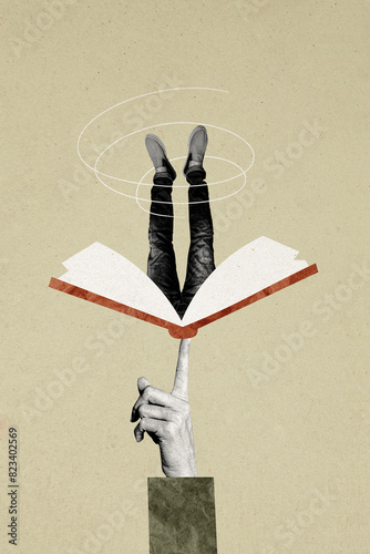 Vertical photo collage of male legs wear casual jeans peek open book imagination story plot bookworm hobby isolated on painted background photo