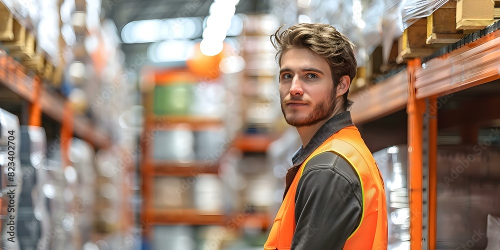Fototapeta premium Confident warehouse worker in highvisibility vest among stocked shelves showcasing efficiency. Concept Efficient Operations, Warehouse Organization, High Visibility Worker, Stocked Shelves