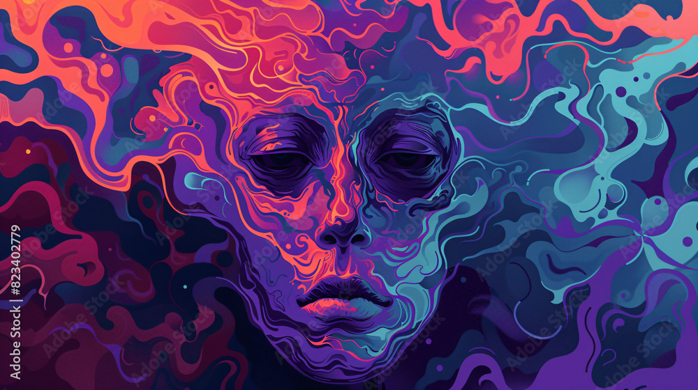 Surreal psychedelic artwork of a face blending into colorful swirling patterns, conveying abstract thoughts and emotions.