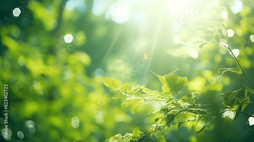 abstract blurry clean green nature wild forest background with yellow effect sunshine flare #823402723