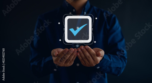Fototapeta Naklejka Na Ścianę i Meble -  Hand shows the sign of the top service Quality assurance,satisfaction, service experience, ISO certification and standardization concept.