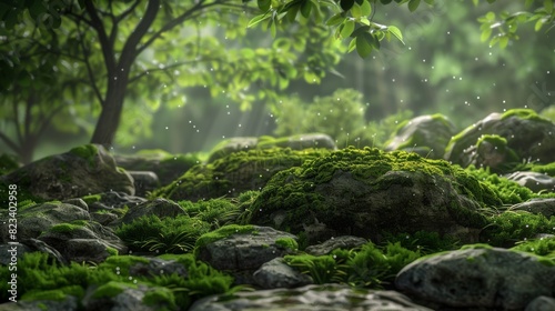 Top of the line CG  surreal photography.Rain-soaked moss on stones in a shaded forest glade. beautiful  romantic  and beautiful lighting. Blue sky  ultra-high definition  front view  Nikon