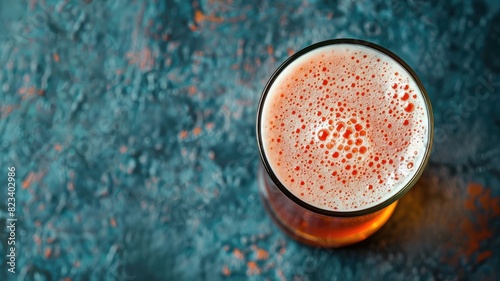 Top view of full glass beer with frothy head on textured blue surface