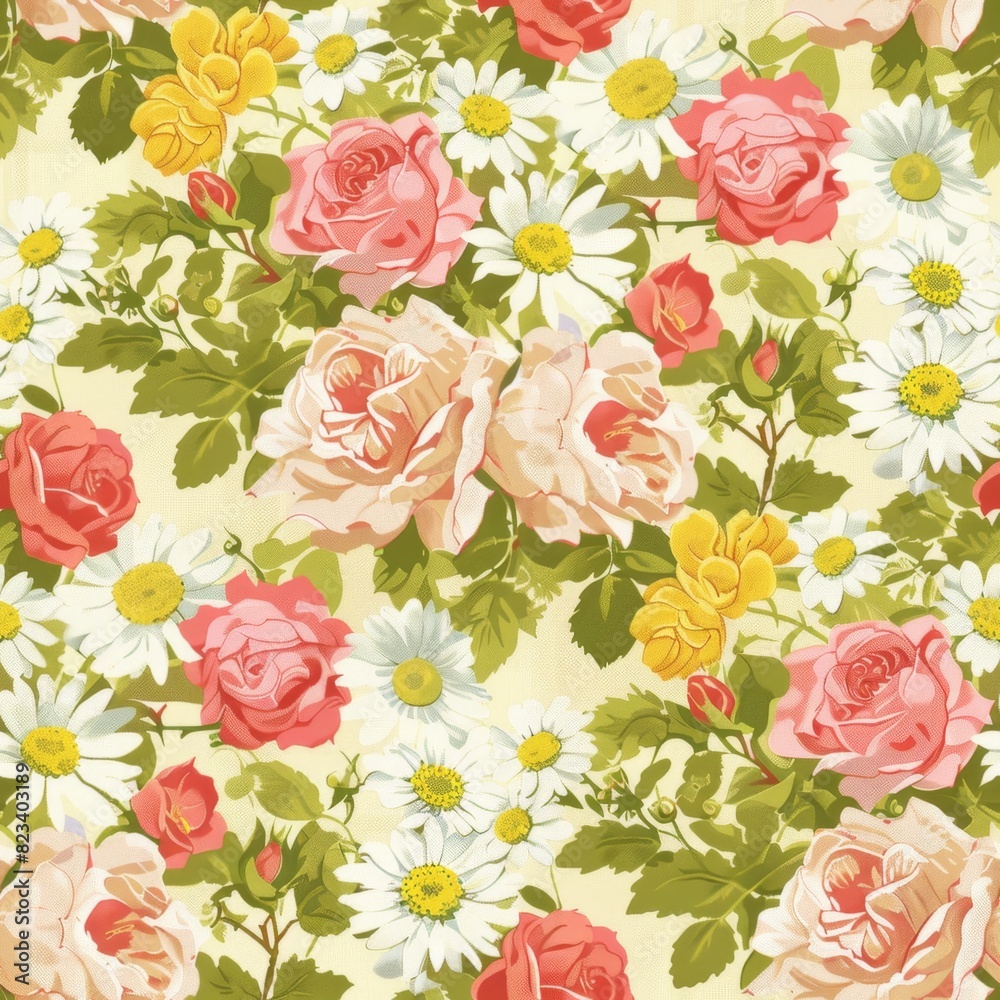 Vintage Floral Pattern with Roses and Daisies on Yellow Background