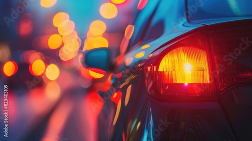 Close-up of car's rear light illuminated at night with blurred city lights in background