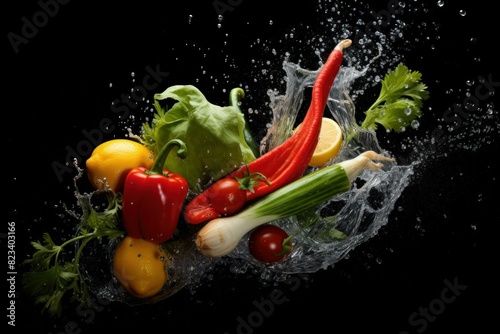 Dynamic image showcasing fresh produce with water splash isolated on black