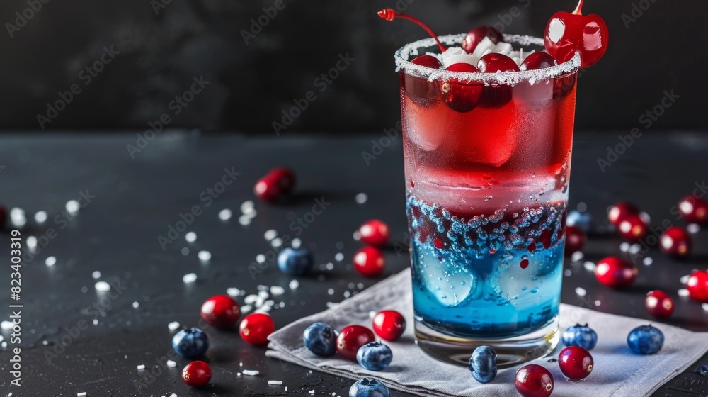 Festive Red and Blue Layered Cocktail with Cherries and Cranberries Festive Red and Blue Layered Cocktail with Cherries and Cranberries