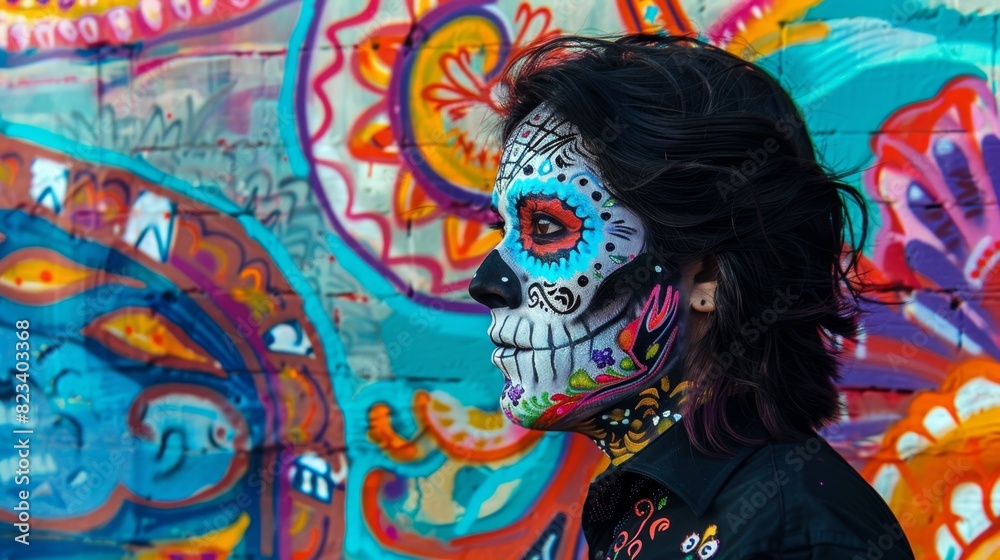 Colorful Dia de los Muertos Makeup on Woman Against Vivid Mural