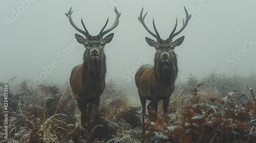 Roaming mistcovered moors of Dartmoor a pair of red deer graze peacefully amidst the heathercovered landscape their antlers silhouetted against the dusky sky photo