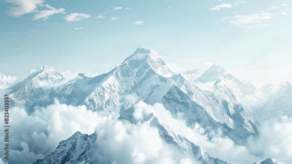 Snow-capped mountains towering above clouds under blue sky