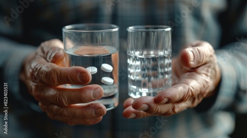 An elderly man holding pills and a glass of water. Treatment, health care, concept of aging