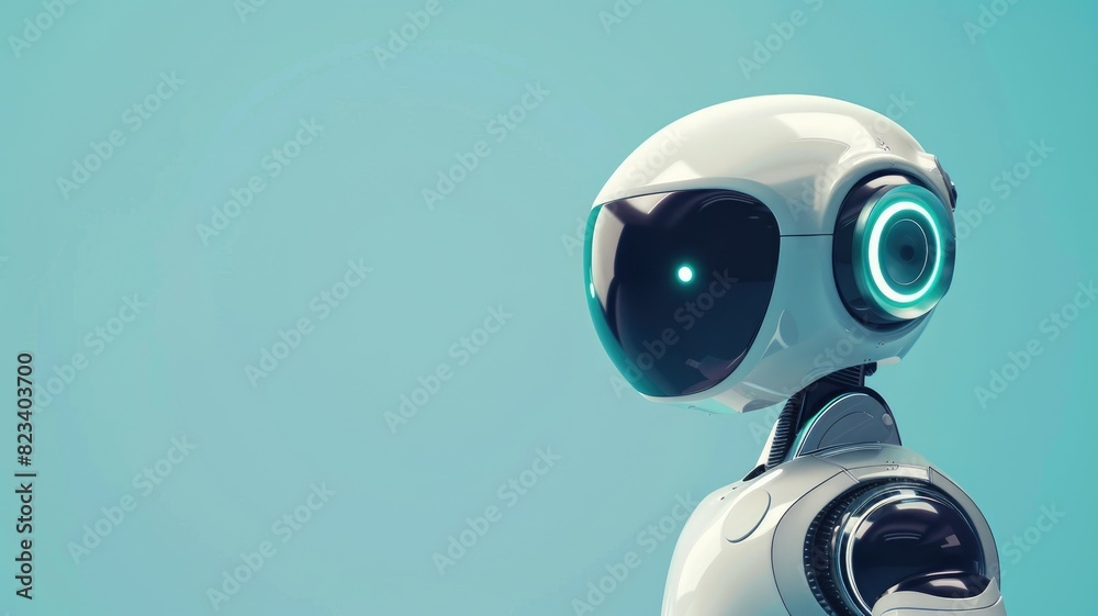 White and black stylized robot with large eye-like sensor on blue background White and black stylized robot with large eye-like sensor on blue background
