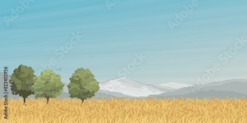 Trees in wheat field with mountain ranges and blue sky background graphic illustrated have blank space. Countryside concept with gold colors barley field.