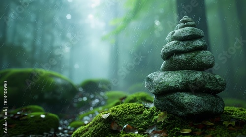 Top of the line CG, surreal photography.Rain-drenched mossy stones in a misty forest clearing. beautiful, romantic, and beautiful lighting. Blue sky, ultra-high definition, front view, Nikon photo