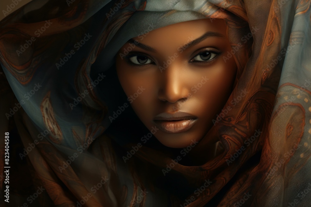 Enigmatic and mysterious woman with elegant patterned fabric draped over her head. Concealing her gaze and adding to her captivating and enigmatic expression Enigmatic and mysterious woman with elegant patterned fabric draped over her head. Concealing her gaze and adding to her captivating and enigmatic expression
