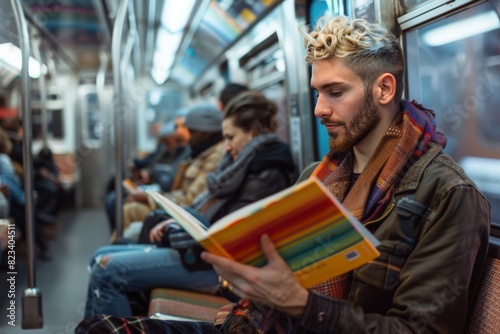 An LGBTQ+ professional commuting to work on a busy city subway, sitting comfortably and reading a book, with other passengers around them