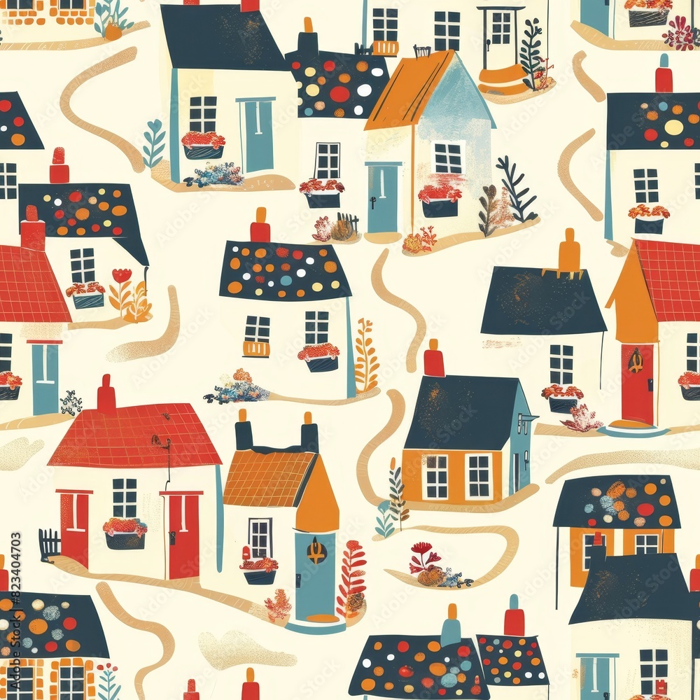 Charming Village Pattern with Quaint Houses and Nature Elements