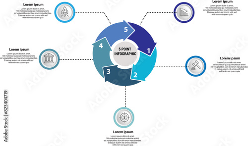 Collection of vector circle chart infographic templates for presentations, advertising, layouts, annual reports. 5 options, steps, parts