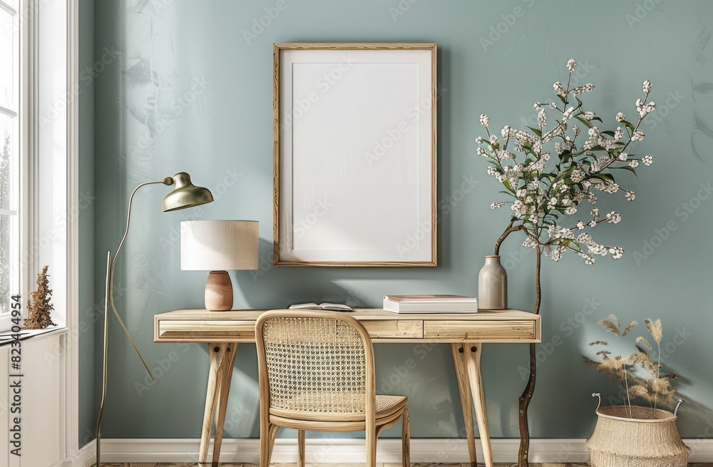 A mockup of an empty blank poster frame on the wall above a wooden table A mockup of an empty blank poster frame on the wall above a wooden table