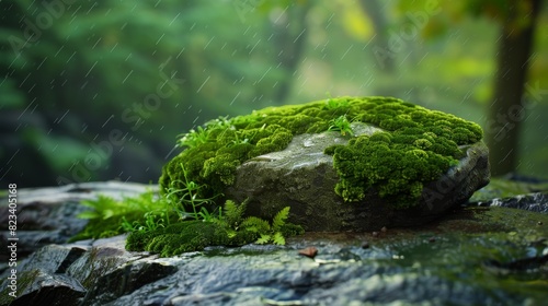 Top of the line CG, surreal photography.Wet moss on stones in a shaded, rainy woodland. beautiful, romantic, and beautiful lighting. Blue sky, ultra-high definition, front view, Nikon photography,