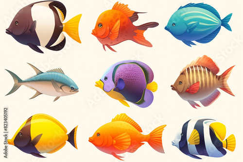 Nine colorful tropical fish illustrations with various patterns and shapes