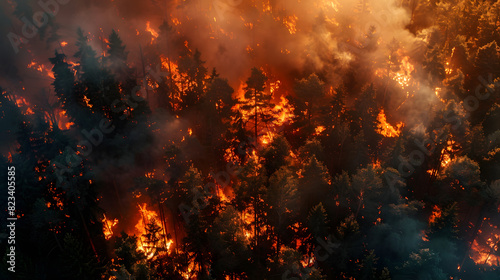 Forest inferno  wildfire engulfs trees at dusk