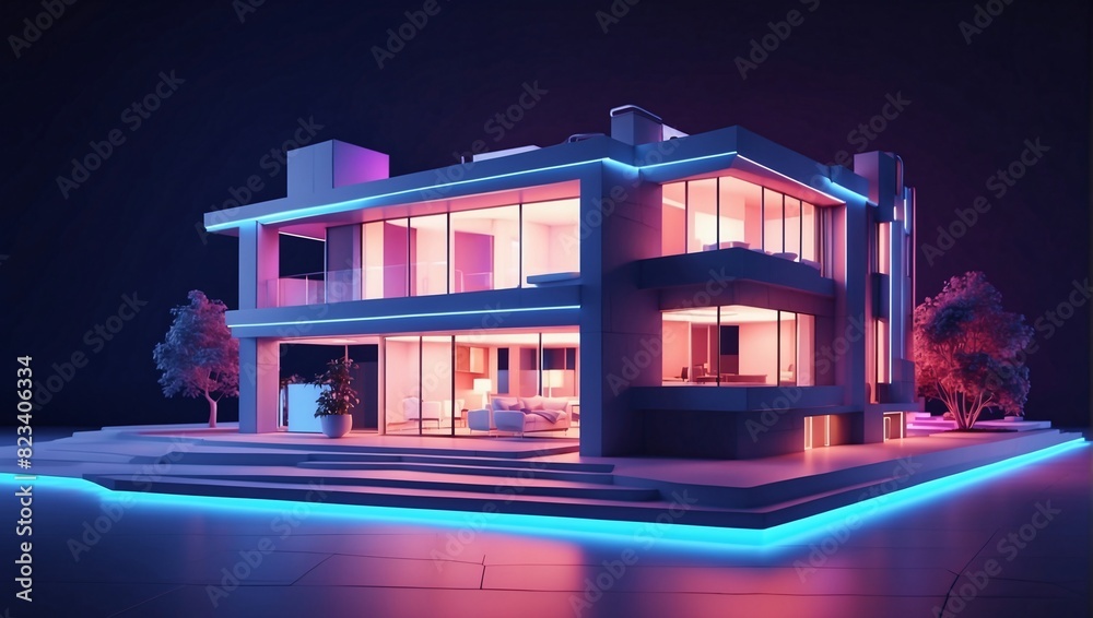 A rendering of a modern house with blue and pink neon lights at night.

