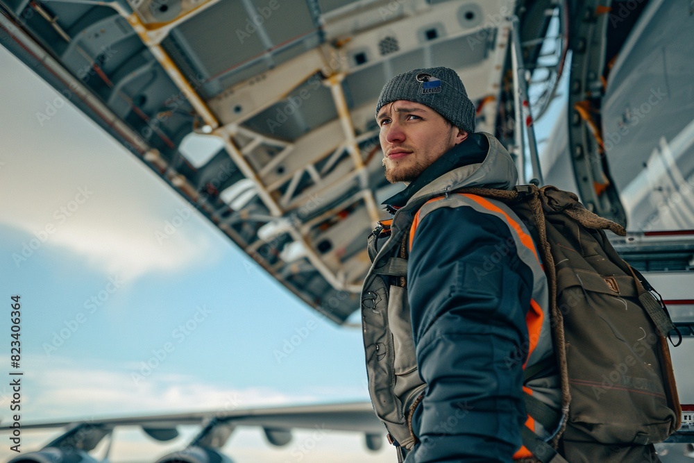 A portrait of an aircraft engineer standing on a maintenance ladder, inspecting the wing of a large aircraft, with the expansive airport runway stretching out behind them A portrait of an aircraft engineer standing on a maintenance ladder, inspecting the wing of a large aircraft, with the expansive airport runway stretching out behind them