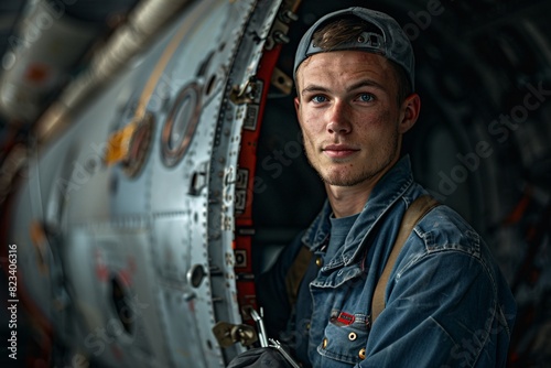 A portrait of an aircraft engineer standing beside an open aircraft maintenance panel, tools in hand, and a determined look on their face, highlighting their dedication and technical skill photo