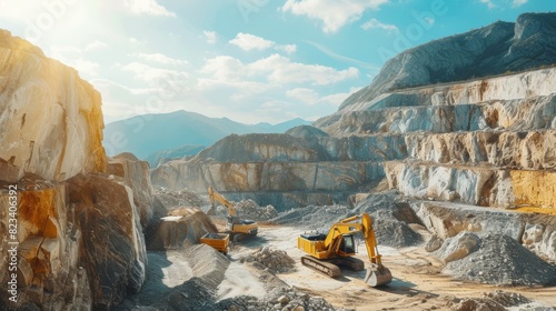 Multiple excavation machines, including a yellow bulldozer, operate in a vast limestone quarry under a sunny sky, highlighting industrial activity. photo