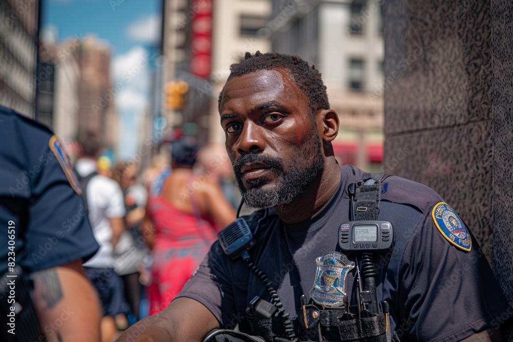 An officer in mid-arrest, speaking into a radio for backup, with the suspect restrained against a wall, and a bustling city environment in the background An officer in mid-arrest, speaking into a radio for backup, with the suspect restrained against a wall, and a bustling city environment in the background