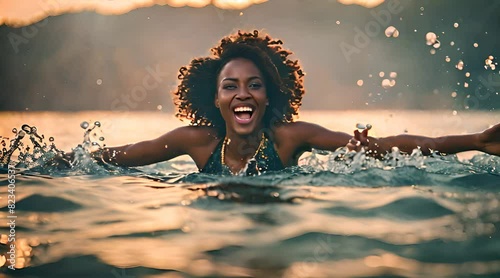 Junge Frau feiert bei einer Party im Wasser photo