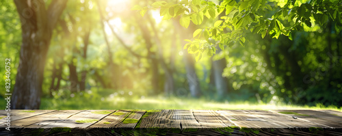 Sunlit forest glade with wooden table photo