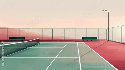 Aesthetic Minimalist Illustration of a Tennis Court at Sunset © Tanakorn